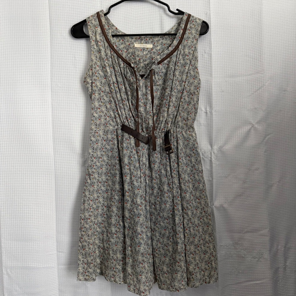 Rare‎ Blue Cottagecore Floral Fit & Flare Belted Dress Brown Trim Prairie Boho